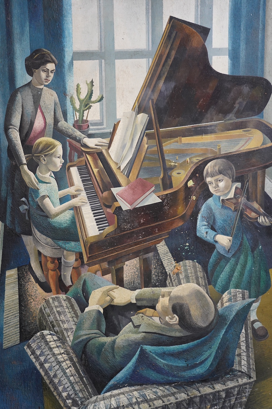 David Smith (British, 1930-1999), Family music recital, oil on hard board, 164 x 120cm